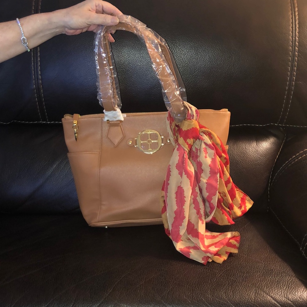 IMAN large tan tote, matching scarf, brand new